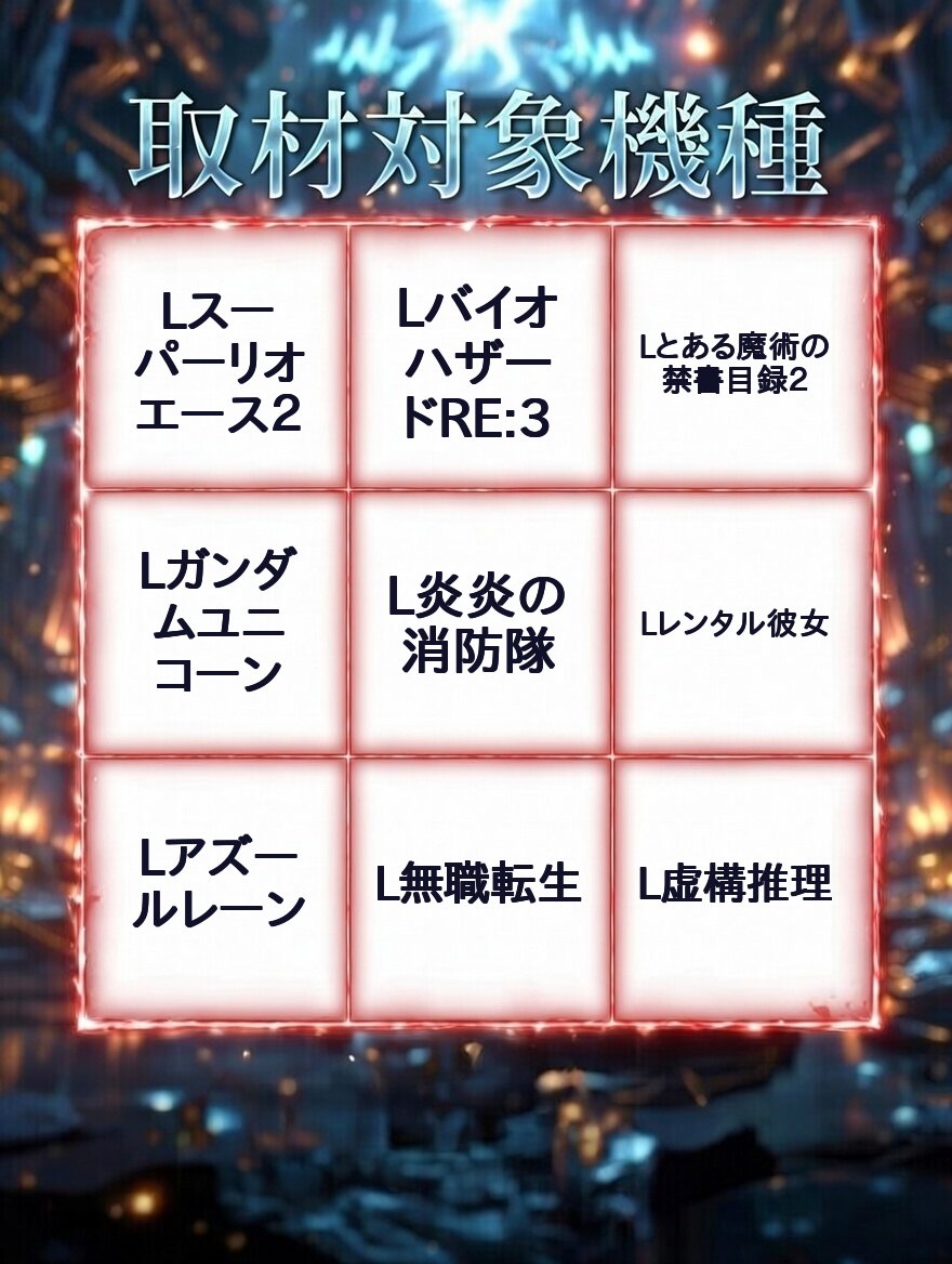 取材対象機種:Lスーパーリオエース2/LバイオハザードRE:3/Lとある魔術の禁書目録2/Lガンダムユニコーン/L炎炎の消防隊/Lレンタル彼女/Lアズールレーン/L無職転生/L虚構推理