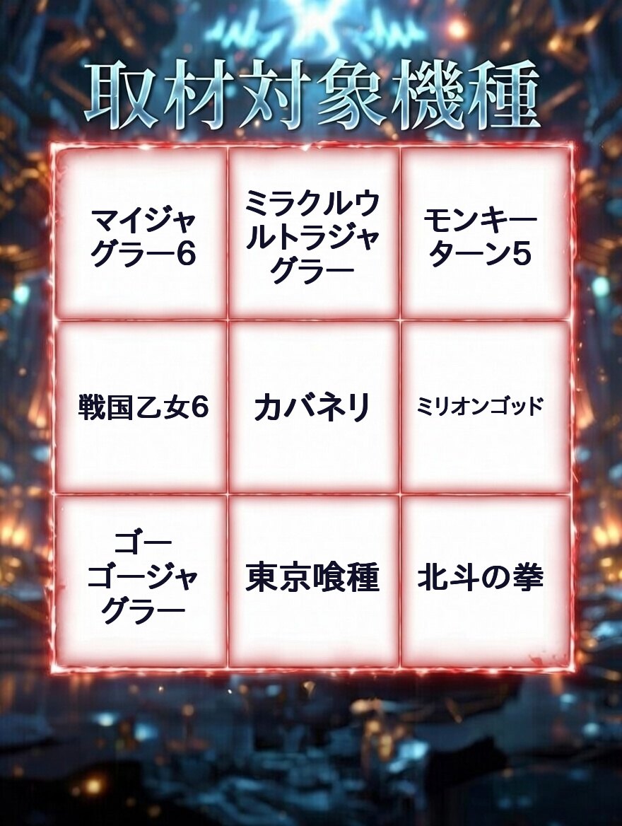取材対象機種:マイジャグラー6/ミラクルウルトラジャグラー/モンキーターン5/戦国乙女6/カバネリ/ミリオンゴッド/ゴーゴージャグラー/東京喰種/北斗の拳